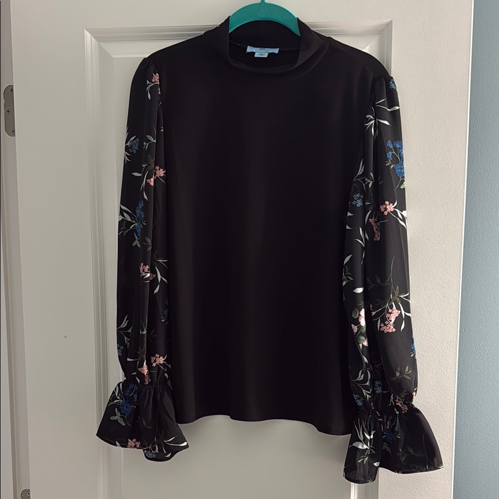 CeCe Black Bell Sleeve Blouse with Mandarin Collar